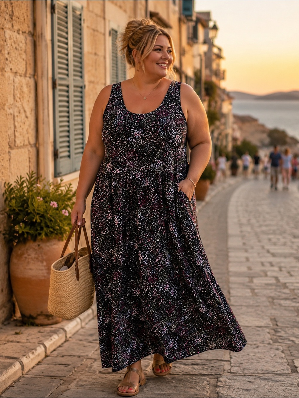 🌸Black Tape_ Black Floral Maxi Dress with Pink & White Speckle Print